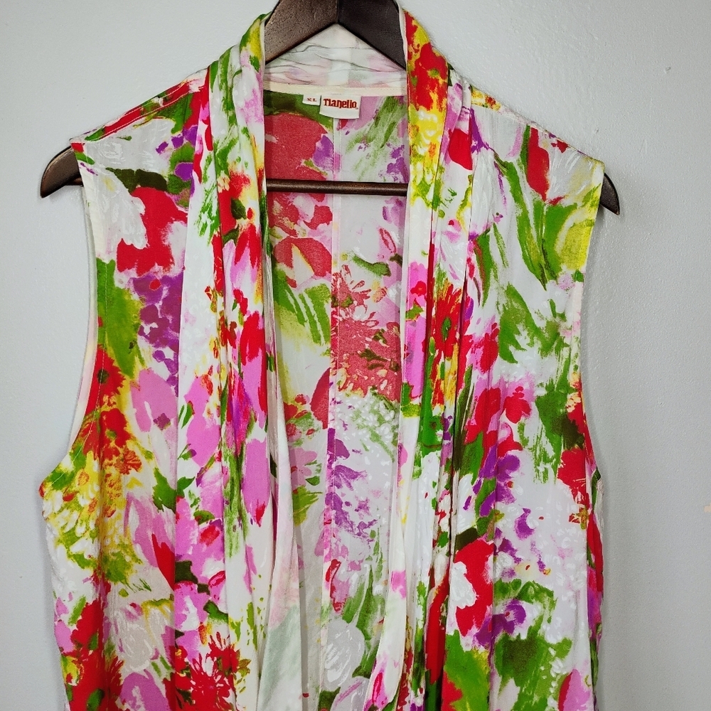 Tianello Floral‎ Cover Up Top Womens XL Washable Silk Sleeveless Cardigan Flowy - Picture 2 of 9